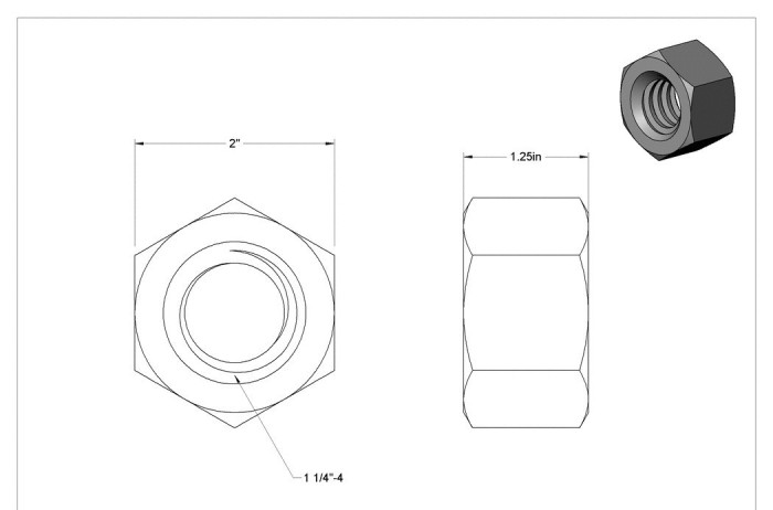 Carbon Steel Acme Hex Nut Right Hand, 1-1/4"-4 Thread Size