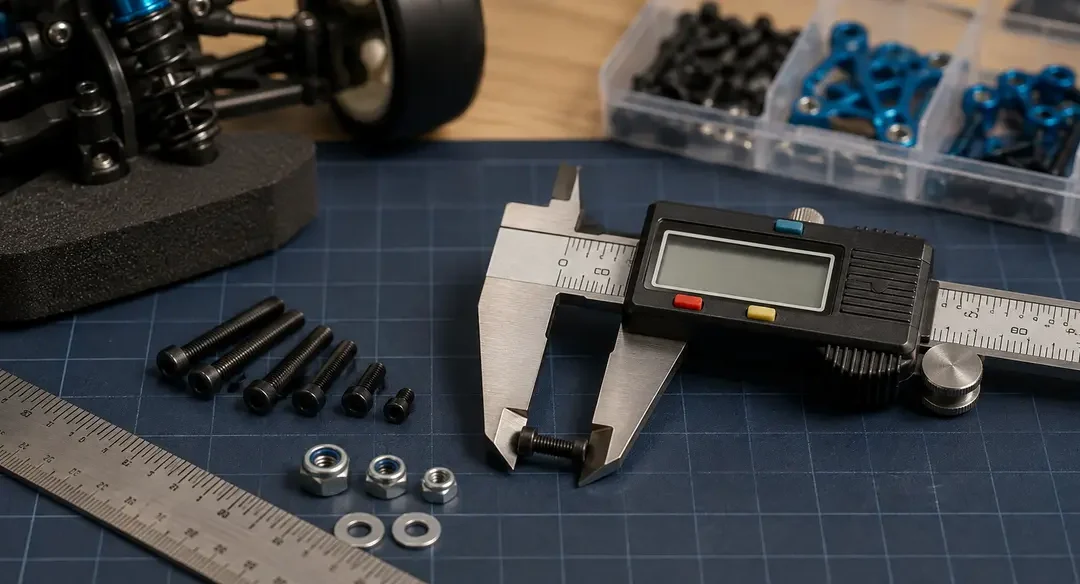 Digital caliper measuring metric RC fasteners on a hobby workbench