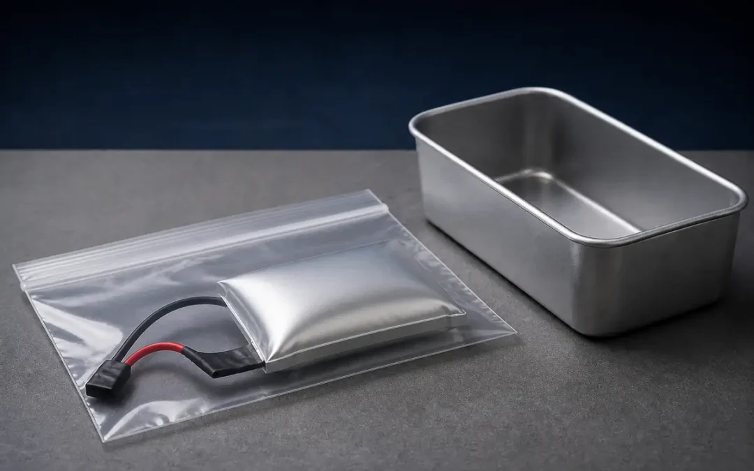 Swollen LiPo battery isolated in an individual bag with its connector taped