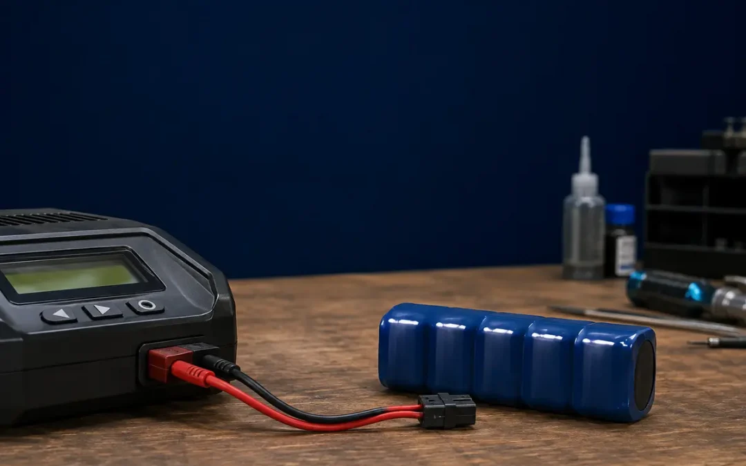Five-cell NiMH receiver pack beside a hobby battery charger