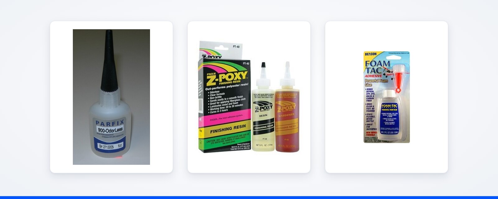 PARFIX 900 foam safe CA, Z-Poxy Finishing Resin and Foam-Tac foam glue