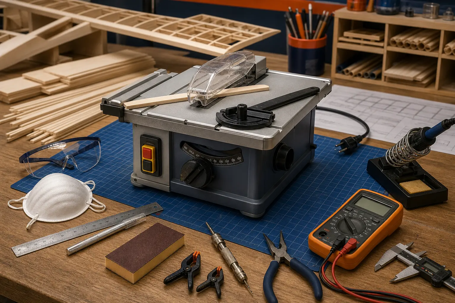 Compact model-building table saw and common RC workshop tools arranged on a balsa airplane workbench