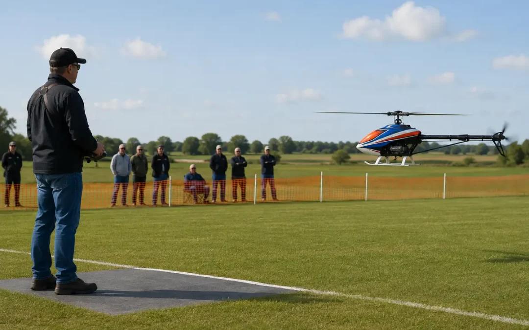 RC helicopter pilot and spectators separated by a visible safety buffer at a flying field