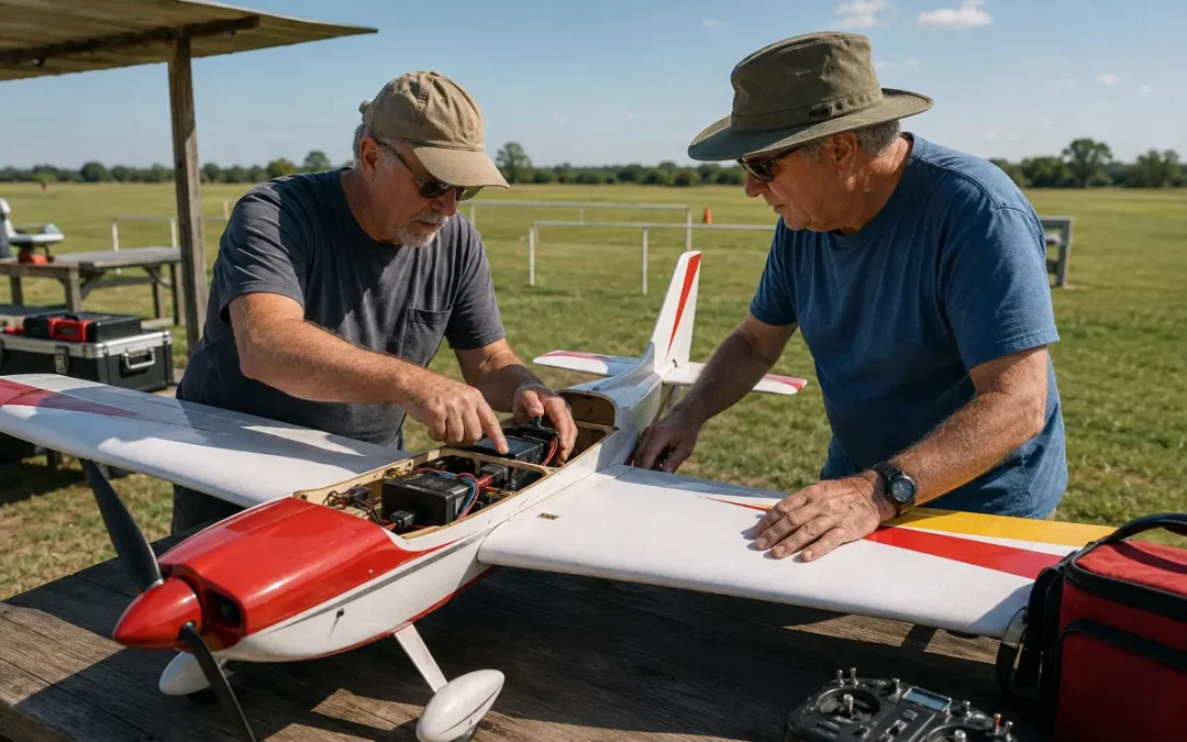 Experienced RC pilot and builder inspecting a model aircraft before its first flight